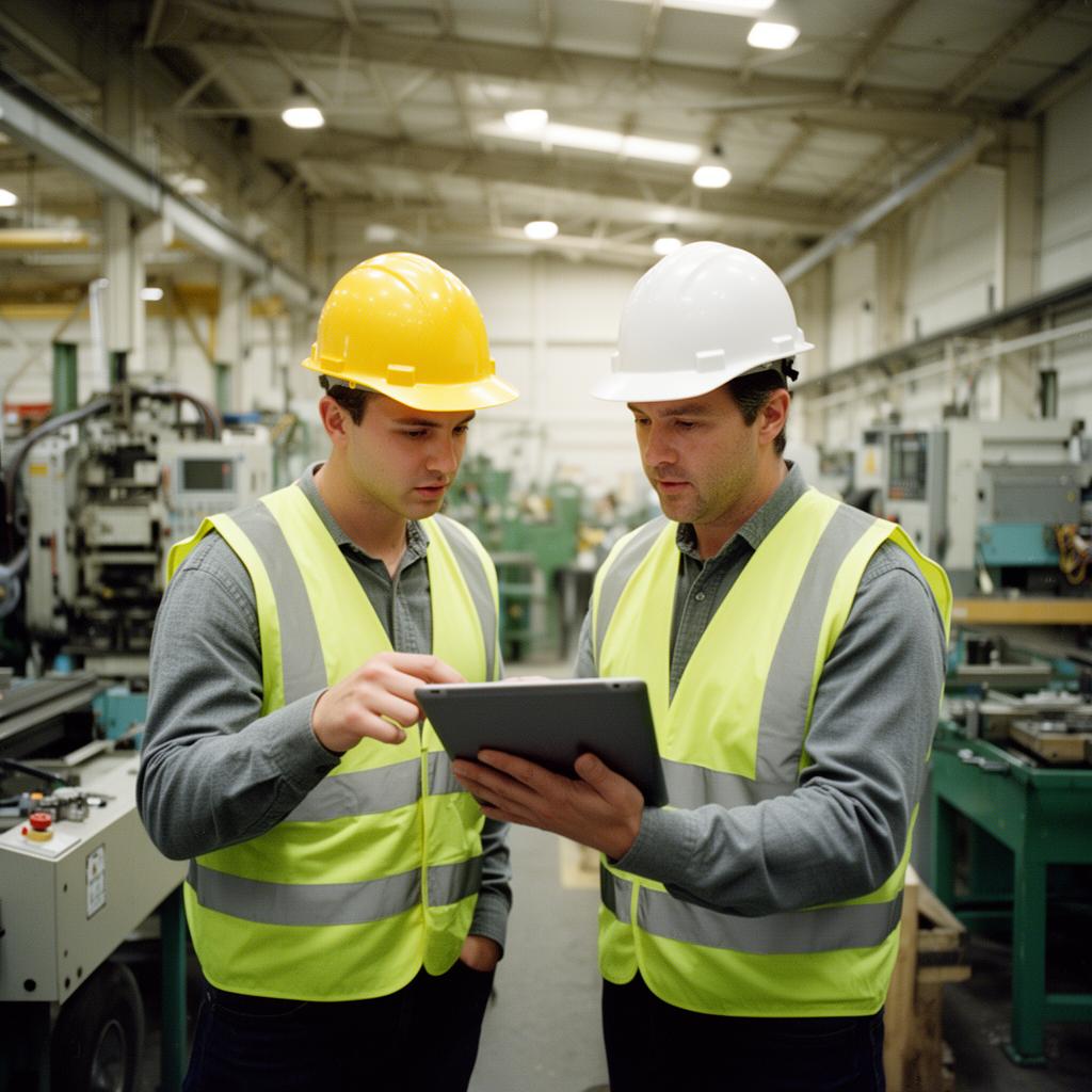 Workers reviewing a tablet together on site